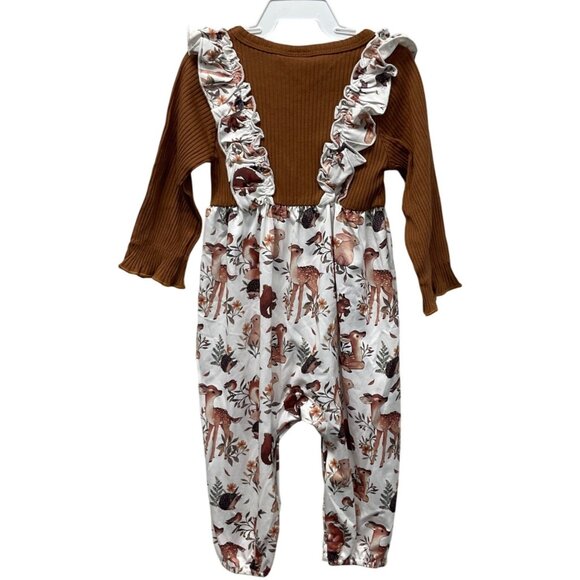Girl's Ruffle Romper Long Sleeve Deer Print Brown/White 9-12 months - Picture 4 of 5